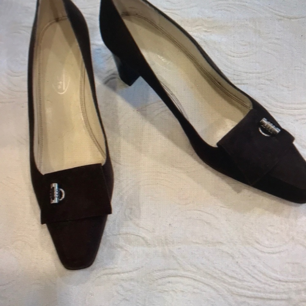 Talbots brown suede with stacked heels squared